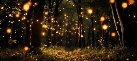 Gordijnen Enchanted forest clearing with fireflies and magical creatures celebrating with fairy dust © Ilja