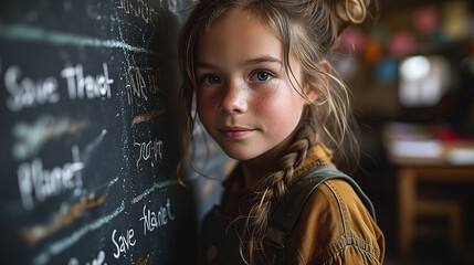Bambina in una scuola elementare con la scritta Save the Planet sulla lavagna. - obrazy, fototapety, plakaty