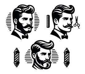 Set of vintage barber shop logo template with man head with beard mustache and stylish hair old fashioned vector badge