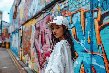 Edgy urban fashion model in contemporary streetwear, striking a pose against the backdrop of a vibrant graffiti wall in a bustling city