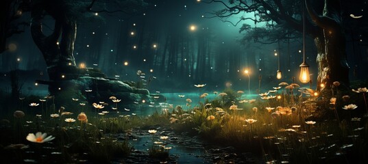 Midnight woodland celebration with fireflies and fairy dust in enchanted forest clearing - obrazy, fototapety, plakaty