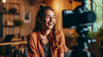 Smiling young female blogger recording video for her blog. Attractive young woman in casual clothes smiling and looking at camera while sitting in cafe