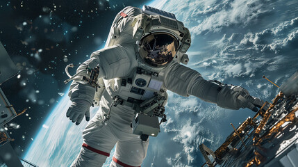 Naklejka premium Expert astronaut performs intricate spacecraft repair in outer space against planet