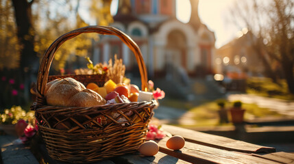 Traditional Orthodox Easter Holiday Basket with Pascha Bread, Painted Eggs, Ham, Cheese, Salt and Candle. In front of a Catholic Church on a Sunny Spring Day Surrounded by Blooming Flowers.