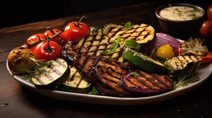  a plate of grilled vegetables and grilled meat on a wooden table with a bowl of ranch dressing in the background.