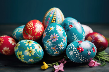 Fototapeta na wymiar Dyed easter eggs in red and blue, patterned with flowers on the wooden table, blue background