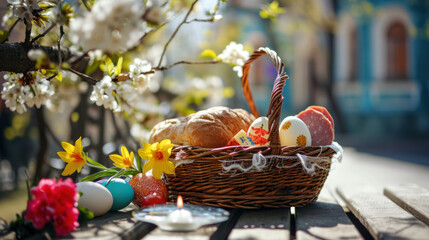 Traditional Orthodox Easter Holiday Basket with Pascha Bread, Painted Eggs, Ham, Cheese, Salt and Candle. In front of a Catholic Church on a Sunny Spring Day Surrounded by Blooming Flowers.