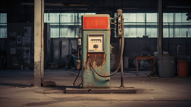 abandoned gas station with a rusty gasoline pump, post-apocalyptic cityscape, absence of people and cars, energy crisis, fuel shortage, high quality photo 