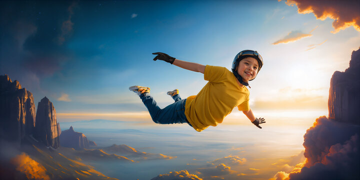 a child of 5 years old flying over a picturesque landscape, dressed in a T-shirt helmet and gloves, on his feet jeans and sneakers. AI generated