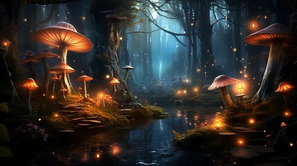 Obraz na płótnie Canvas Enchanted forest clearing with fireflies, fairies, and woodland creatures in midnight celebration