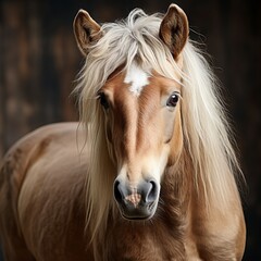 Obraz premium A noble white horse of the Haflinger breed stands in full growth against the backdrop of a summer field, an elegant animal with a proud look in its natural habitat. Concept: equestrian sport
