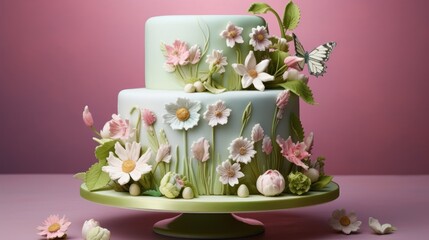  a multi layer cake decorated with flowers and a butterfly on top of a green cake stand on a pink background.
