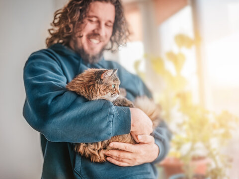 Bearded man hugging a cat by the window with flowerpots and sunlight.