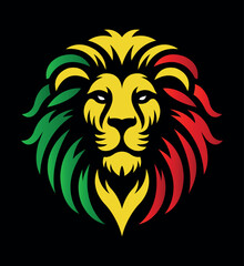 Fototapeta premium Lion of Judah face eps vector art image illustration. Rasta Jamaican lion head front view with rastafarian reggae colors on dark background.