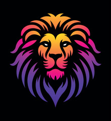 Lion face vector image front view on dark background. Lion head line art sticker and logo template.