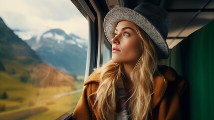 A girl sits in a train and looks out of the window at the landscapes 
