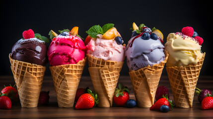various of ice cream flavor setup on wooden table. Summer and Sweet menu concept. - obrazy, fototapety, plakaty