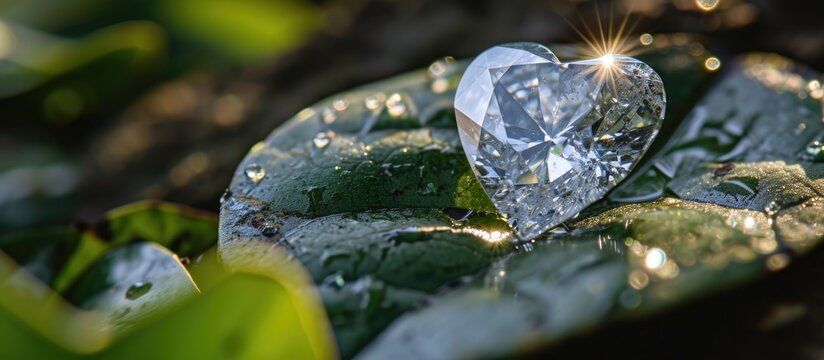 Ethical lab diamond pictured on a green leaf in a heart shape.