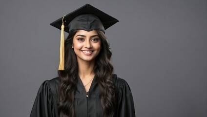 A cheerful young woman in graduation attire with a black gown and cap, smiling confidently.