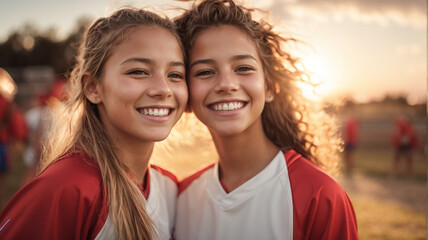 Obraz premium Happy smiling teenage friends taking a selfie with a smartphone at a summer camp, on a sports field 