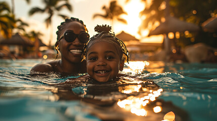 Happy smiling black african american mother and daughter swimming on summer vacation holiday  - obrazy, fototapety, plakaty