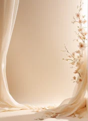 Foto op Plexiglas Fondo en tonos claros o crema con velos y flores en tonos suaves. Fondo con iluminacion calida. Ideal para usar como fondo fotografico o tarjeta de invitacion. © Alejandra