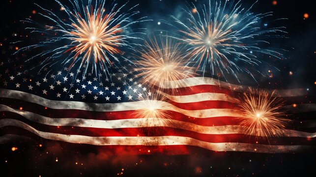 Bright and colorful usa independence day banner celebration with fireworks and american flag
