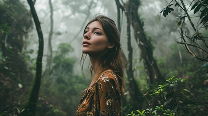 A woman stands in a misty forest, looking over her shoulder.