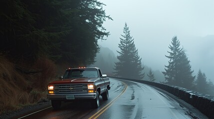 A truck drives on a foggy mountain road lined with evergreens.