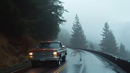 Foto op Plexiglas A truck drives on a foggy mountain road lined with evergreens. © Scissortail Studios