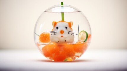  a cat figurine sitting inside of a fish bowl filled with oranges and cucumber wedges.