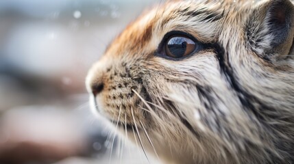  a close up of a cat's face with water droplets on it's fur and a blurry background.