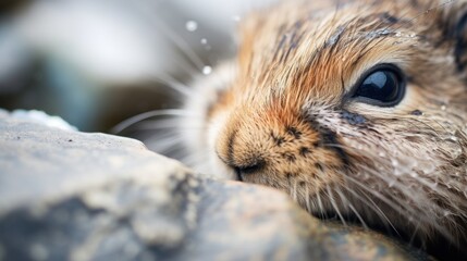  a close up of a brown and white animal with water droplets on it's face and a blurry background.