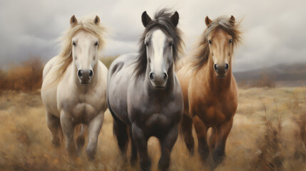 group of three young horses - obrazy, fototapety, plakaty