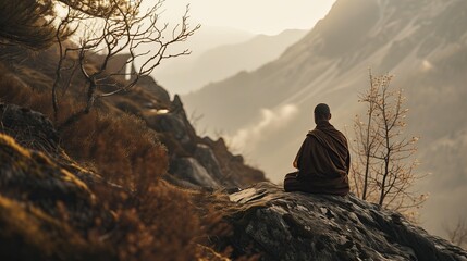 A monk meditates on a mountain overlooking a misty valley.