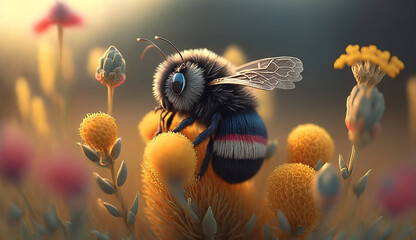 Little bee and colorful flowers - obrazy, fototapety, plakaty