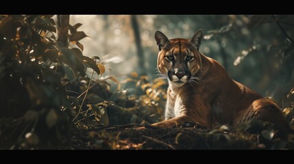 A mountain lion rests in a dappled light forest setting.
