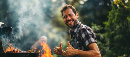 Hispanic man grilling delicious barbecue outdoors with a thumbs up.