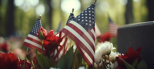 American flag at memorial day celebration in the usa with people paying tribute to fallen heroes