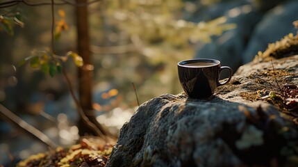 A cup of coffee sits on a mossy rock in a sun-dappled forest.