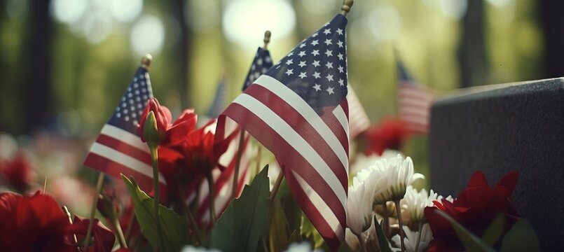 American flag at memorial day celebration in the usa with people paying tribute to fallen heroes