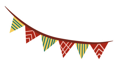 Vintage circus festive flag garland vector illustration. Geometric pattern simple flat style, isolated on white background. Carnival, birthday, circus border decoration. - obrazy, fototapety, plakaty