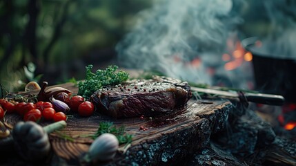 A grilled steak with herbs lies on a wooden board beside vegetables, with a smoky campfire in the background.