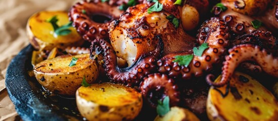 Ready-to-eat traditional Portuguese dish: Homemade roasted octopus with potatoes.