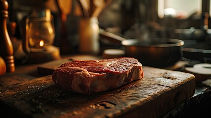 A raw steak rests on a wooden cutting board in a cozy, rustic kitchen setting. - obrazy, fototapety, plakaty