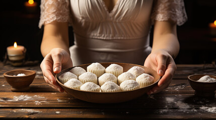 a girl holding a plate of pastries
