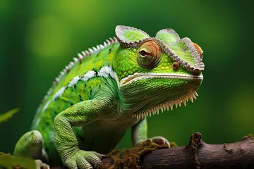 Fotobehang Green chameleon on a wooden surface on a green background. Generated by artificial intelligence © Vovmar