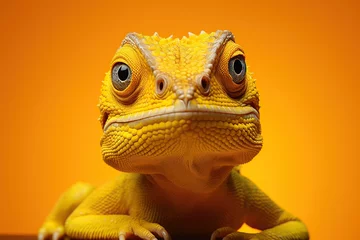 Foto auf Alu-Dibond Bright yellow chameleon on a yellow background. Generated by artificial intelligence © Vovmar