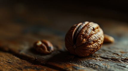 Pecans rest on a textured wooden surface in a soft, focused light.