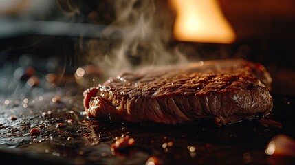 A succulent steak sizzles on a hot grill, with smoke rising gently.